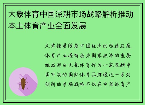 大象体育中国深耕市场战略解析推动本土体育产业全面发展
